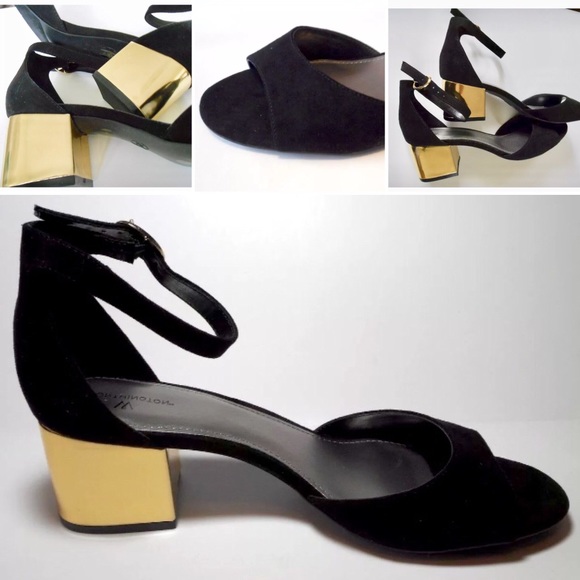 gold block heels closed toe